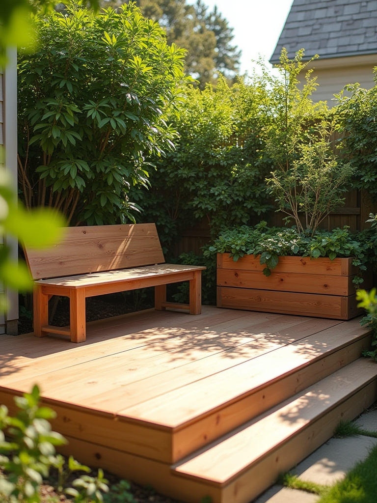 Cozy small wooden deck with a built-in bench and planter, nestled in a green garden, demonstrating cost-effective small-scale design.