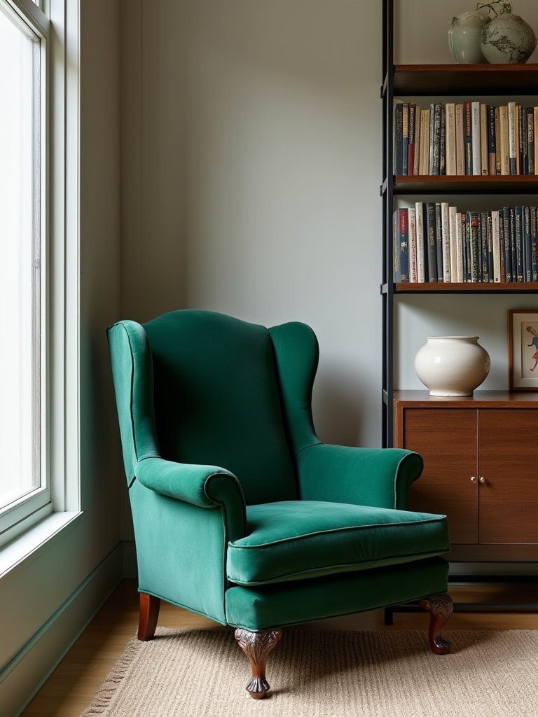 Eclectic living room featuring an emerald velvet armchair contrasting with an industrial metal bookcase, showcasing intentional contrast in design.