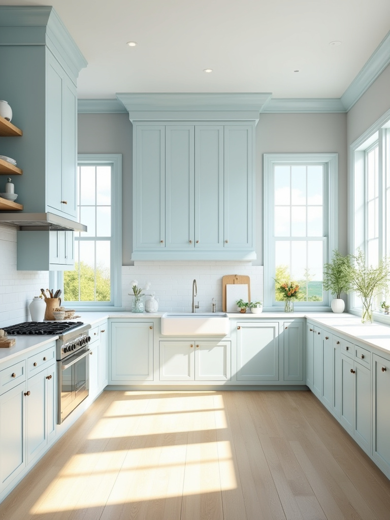 Light and airy coastal kitchen featuring pale blue shaker cabinets and an off-white island under bright natural light, embodying a serene beach aesthetic.