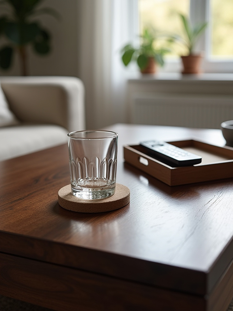 A meticulously clean coffee table with a stylish coaster and decorative tray, showcasing surface protection against spills and scratches.