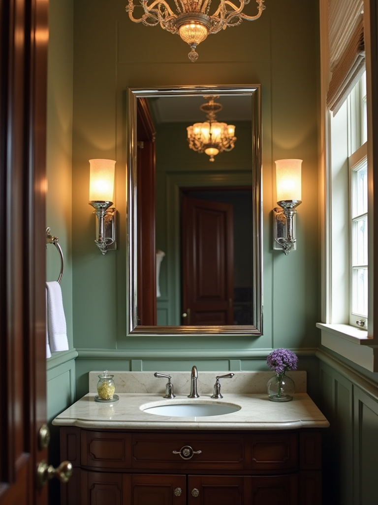 Traditional bathroom interior featuring period-specific Art Deco chrome sconces with etched glass shades, a vintage mirror, and a classic marble vanity, creating an elegant and functional lighting scheme.