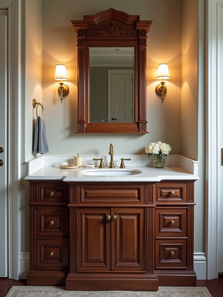 Close-up of a luxurious traditional bathroom featuring a custom dark wood vanity with integrated storage and a framed recessed medicine cabinet, showcasing seamless thoughtful storage solutions for timeless design.