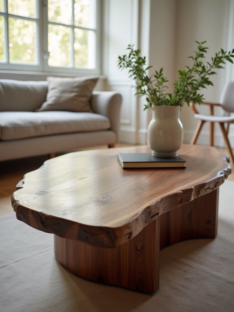 Luxurious walnut wood coffee table in a modern living room setting, showcasing high quality materials and thoughtful design.