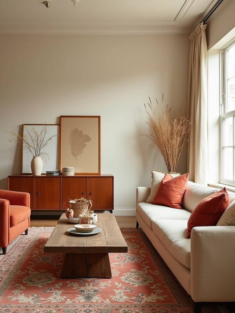 Eclectic living room with cohesive color palette, showcasing unified furniture and decor in neutrals with terracotta and cream accents.