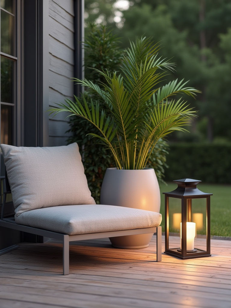 Thoughtfully curated and beautifully arranged deck corner with stylish outdoor cushions, lush planters, and an elegant lantern, bathed in warm golden hour light, reflecting smart deck decor budgeting.