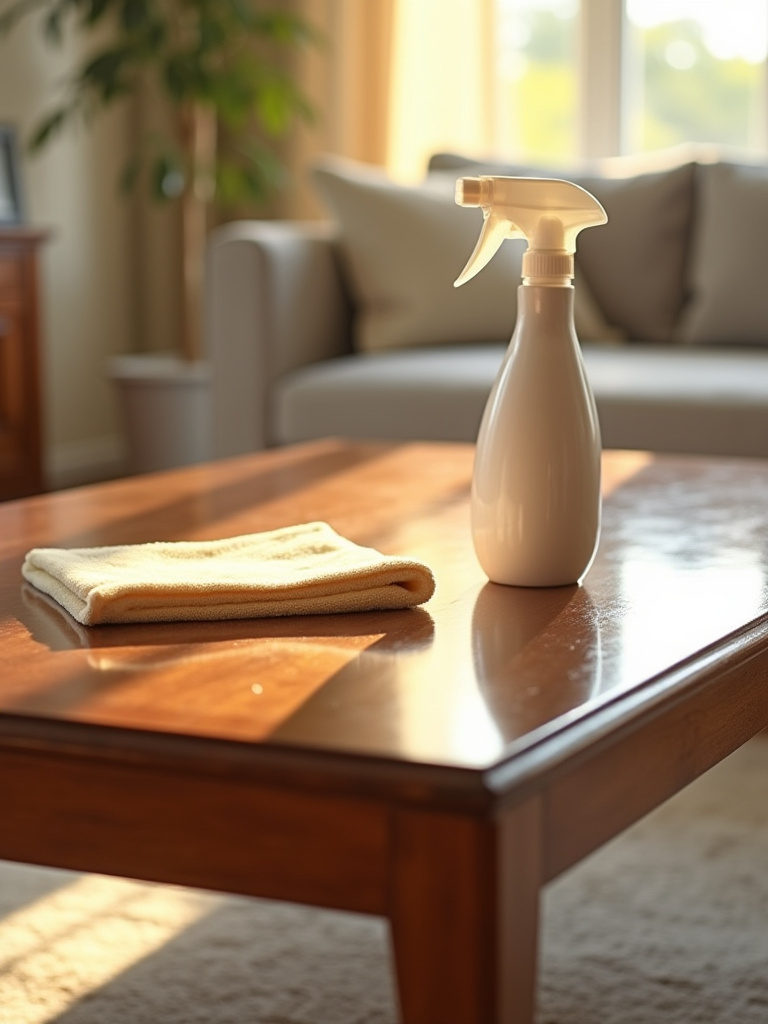 Meticulously cleaned wooden coffee table reflecting light, with a microfiber cloth and cleaning spray on its surface, highlighting pristine condition from a regular cleaning regimen.