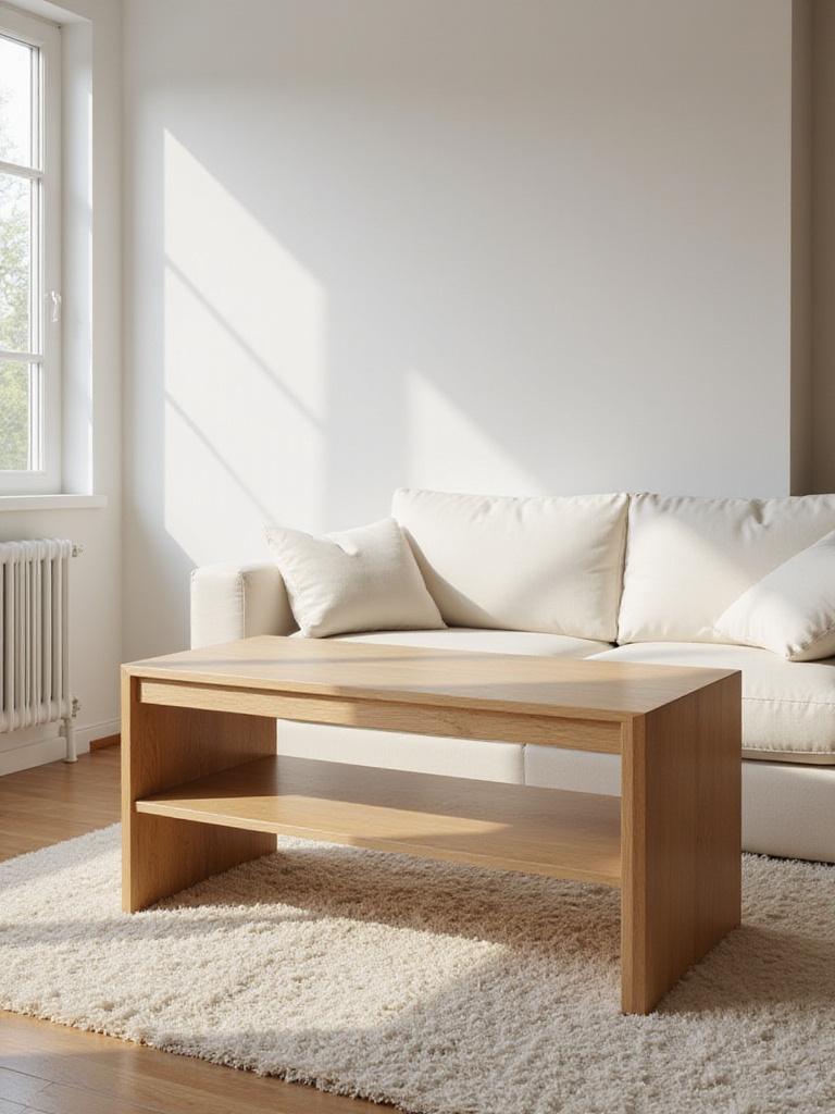 A light wood coffee table perfectly aligned with a cream sofa, showcasing ideal coffee table ergonomics and accessible living room design for comfortable use and easy movement.
