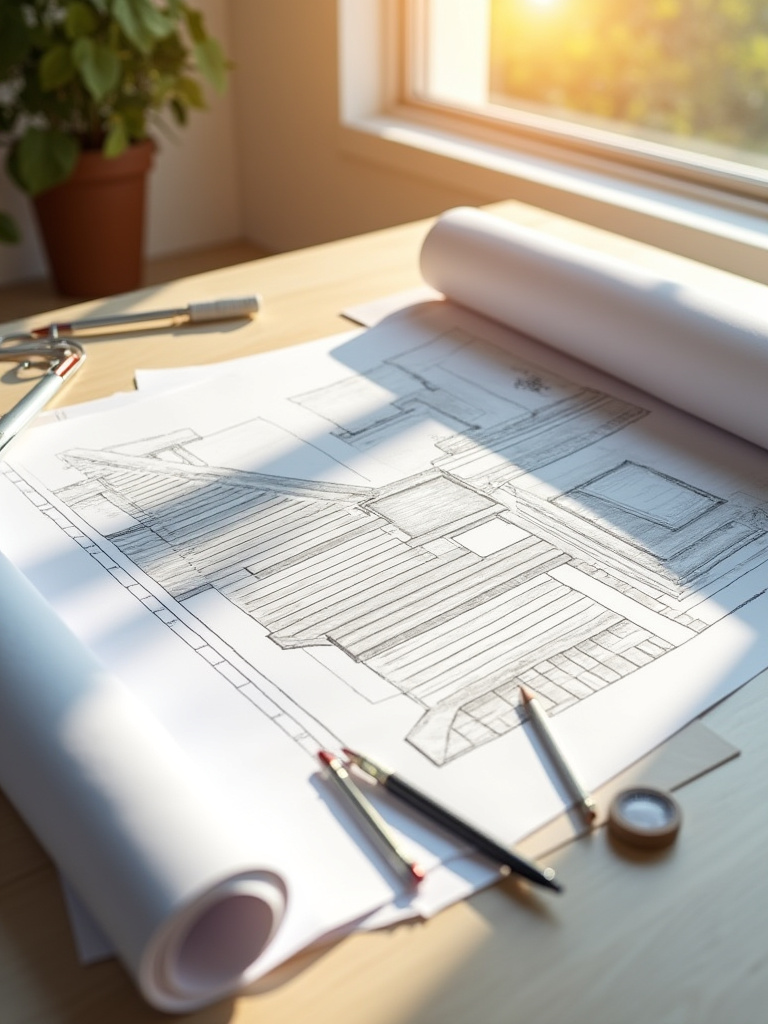 Overhead view of detailed architectural blueprints and design sketches for a modern wooden deck, featuring DIY plans and construction layouts, laid out on a clean light-colored wooden table with drawing tools, under soft natural light.