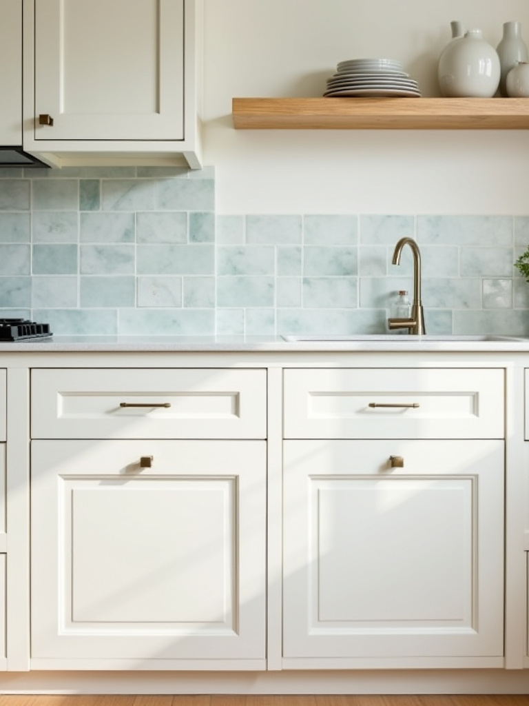 A serene coastal kitchen featuring off-white Shaker style cabinets with brushed nickel hardware and unpolished white quartz countertops, demonstrating timeless coastal kitchen design and durable cabinet materials.
