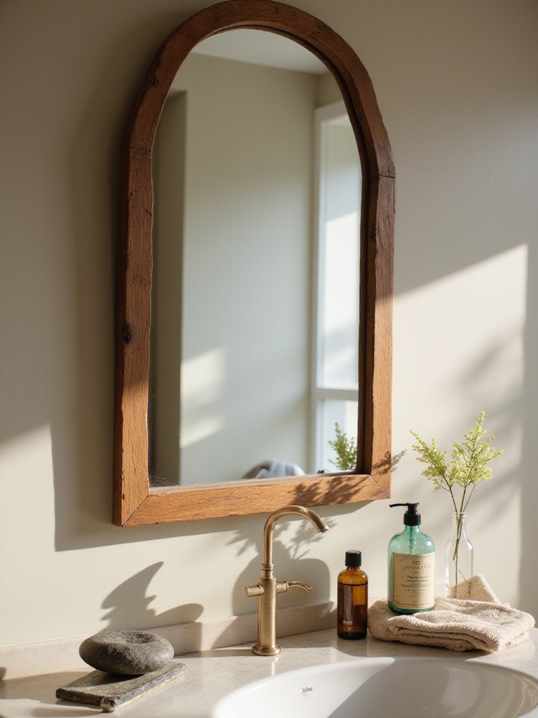 An ethically sourced, aged teak-framed mirror reflects soft natural light above an organic bathroom counter. Hand-blown glass bottles and a linen towel enhance the serene, nature-inspired decor.