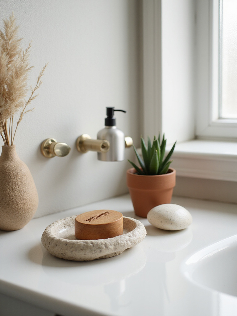 Organic bathroom counter with thoughtfully arranged natural elements: river stone, ceramic dish, wooden soap, potted succulent, reflecting an evolving and adaptable personal sanctuary.