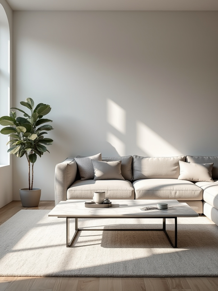 A modern living room showcasing a sleek coffee table that seamlessly complements the neutral-toned sectional sofa and minimalist aesthetic, emphasizing design harmony.