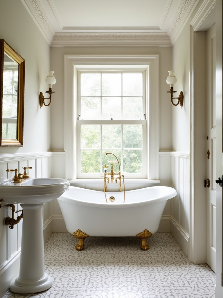 Traditional bathroom showcasing harmonized architecture with a pedestal sink, clawfoot tub, classic mosaic tile floor, and elegant crown molding, all integrated for a cohesive, timeless design.