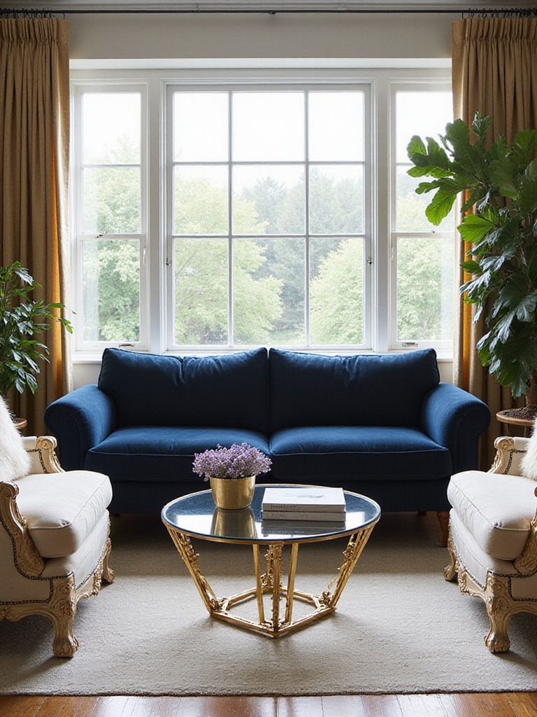 An eclectic living room showcasing a deep navy Mid-Century Modern sofa, cream Rococo armchairs, and an Art Deco brass coffee table, illustrating a blend of furniture from varied eras.