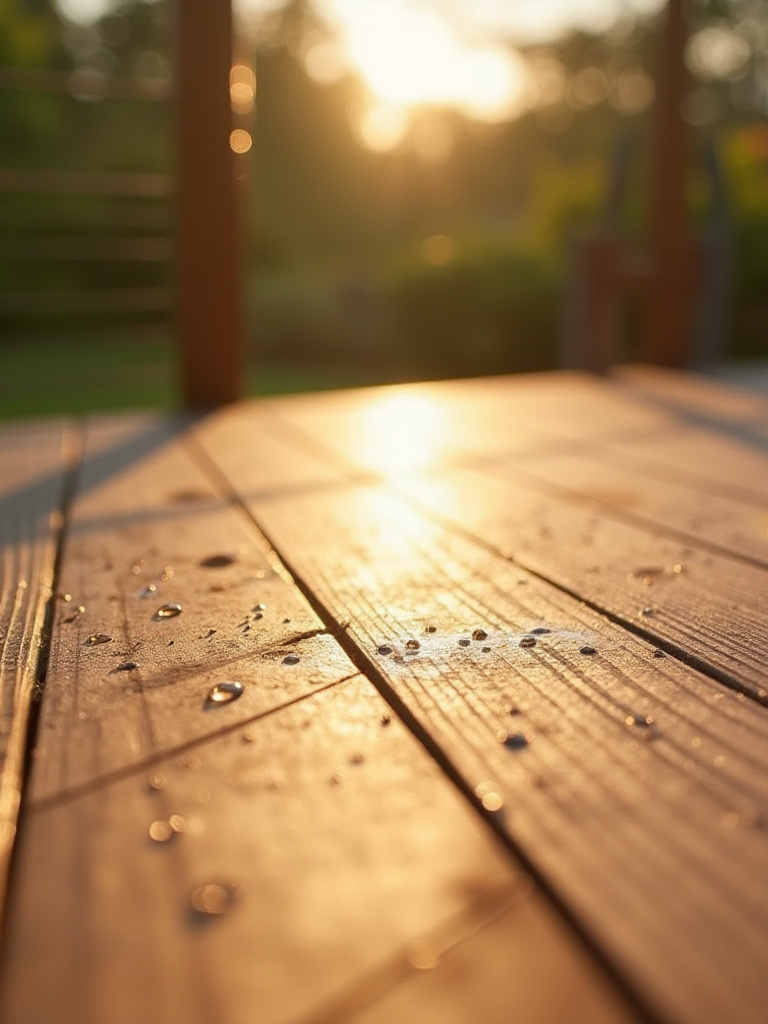 A clean, well-sealed wooden deck with water beading, signifying excellent protection and a long lifespan, set against a blurred green garden background.