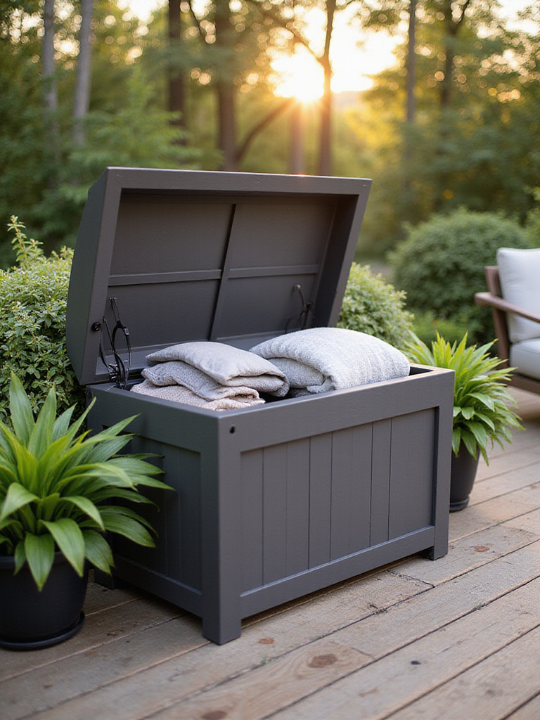 A modern weather-resistant deck box partially open on a stylish wooden deck, revealing neatly stored outdoor cushions and throws, surrounded by potted greenery.