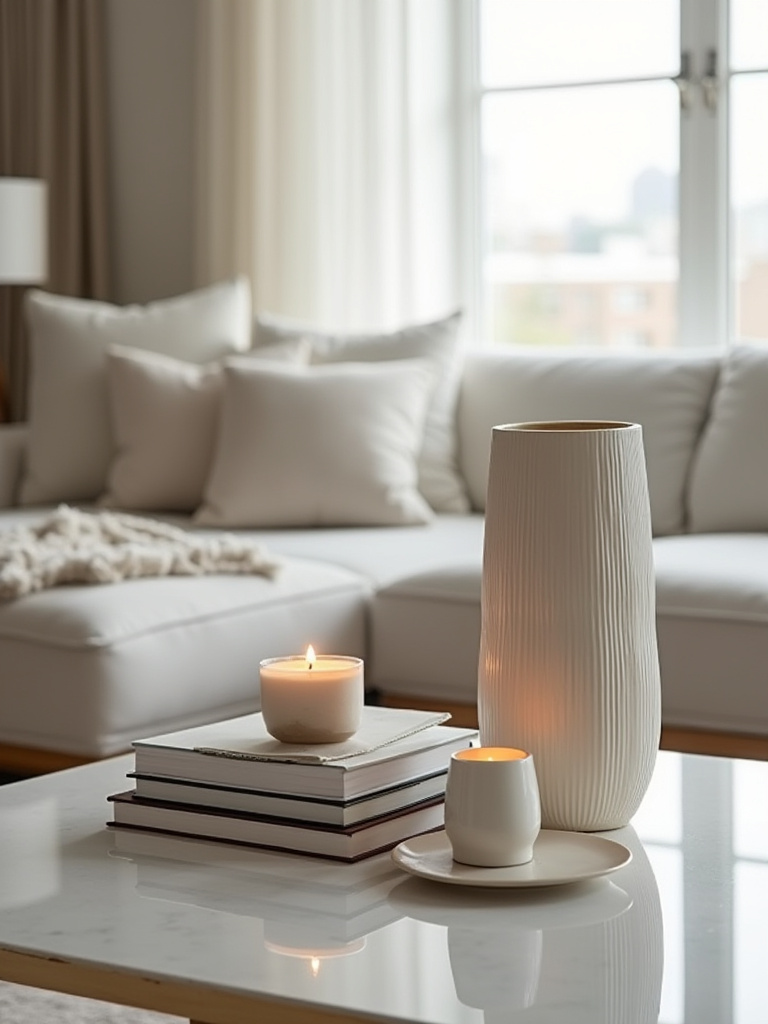 A beautifully styled coffee table featuring a sculptural ceramic vase, a stack of design books, and a small scented candle, arranged according to the Rule of Three, showcasing balanced interior decor.