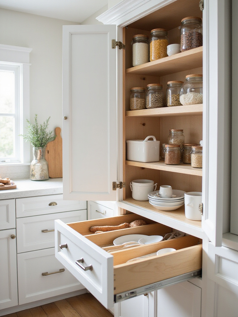 A beautifully organized coastal kitchen with open pull-out shelves displaying organized pantry items, and sleek drawer dividers for utensils, showcasing smart internal storage solutions that maintain a clutter-free aesthetic.