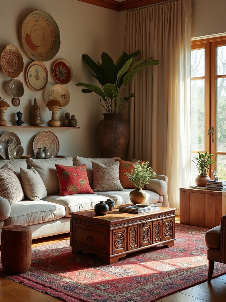 Eclectic living room featuring a Moroccan rug, Indian carved chest, and African pottery, showcasing global treasures and travel-inspired decor.