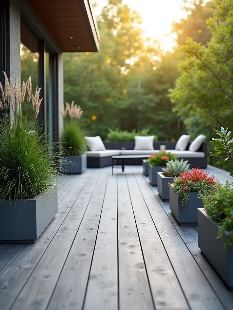 A modern deck adorned with various planters containing resilient greenery like ornamental grasses, evergreens, and succulents, creating a naturally vibrant and inviting outdoor living space.
