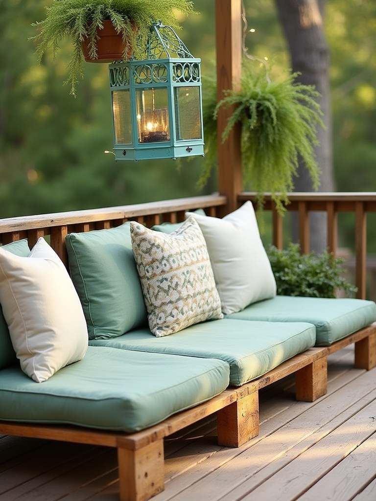 Upcycled pallet sofa with sage green cushions and throw pillows on a deck, next to a turquoise repurposed metal bird cage used as a hanging planter with ferns, creating a personalized outdoor living area.