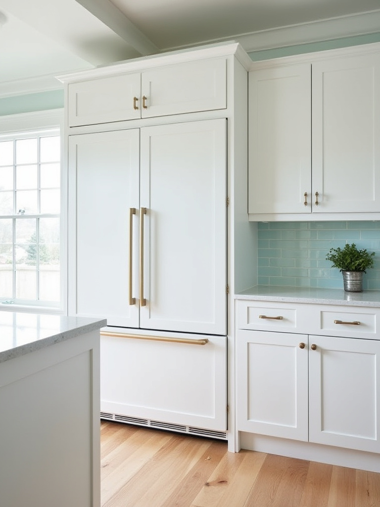 Coastal kitchen featuring a large refrigerator seamlessly hidden behind integrated white beadboard panels, creating a unified and streamlined look.