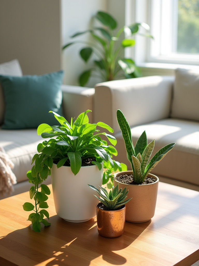 Styled wooden coffee table with a Pothos, Snake Plant, and Fittonia in ceramic, terracotta, and copper pots, adding organic vitality to a modern living room.