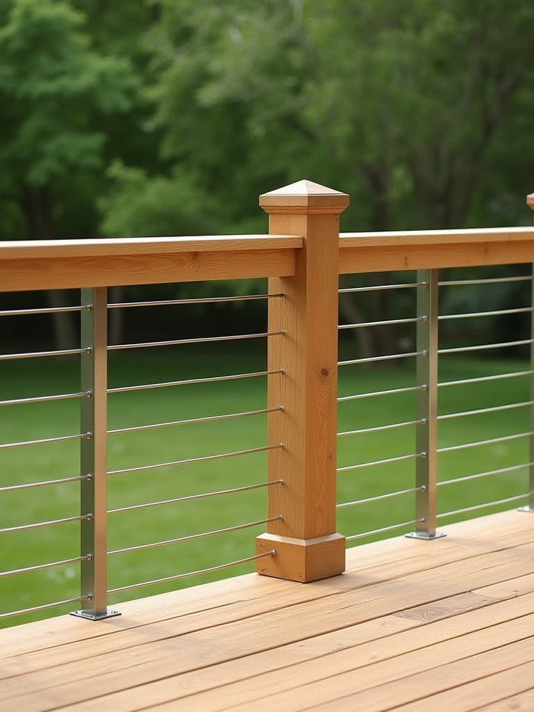 Modern deck with sleek DIY wire cable railings and natural wood posts, showcasing elegant safety and contemporary style for an outdoor space.
