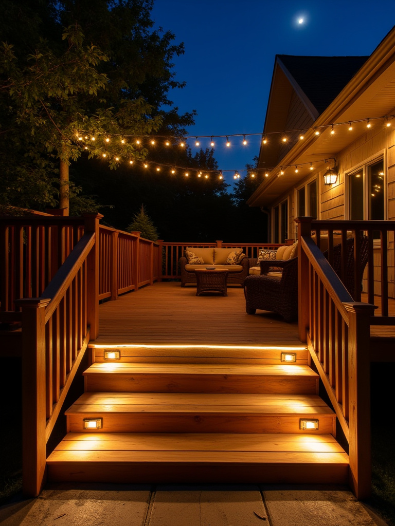 Beautifully lit deck at twilight with LED strip lights under railings, post cap lights, and string lights overhead, showcasing effective deck lighting for evening safety and enjoyment.