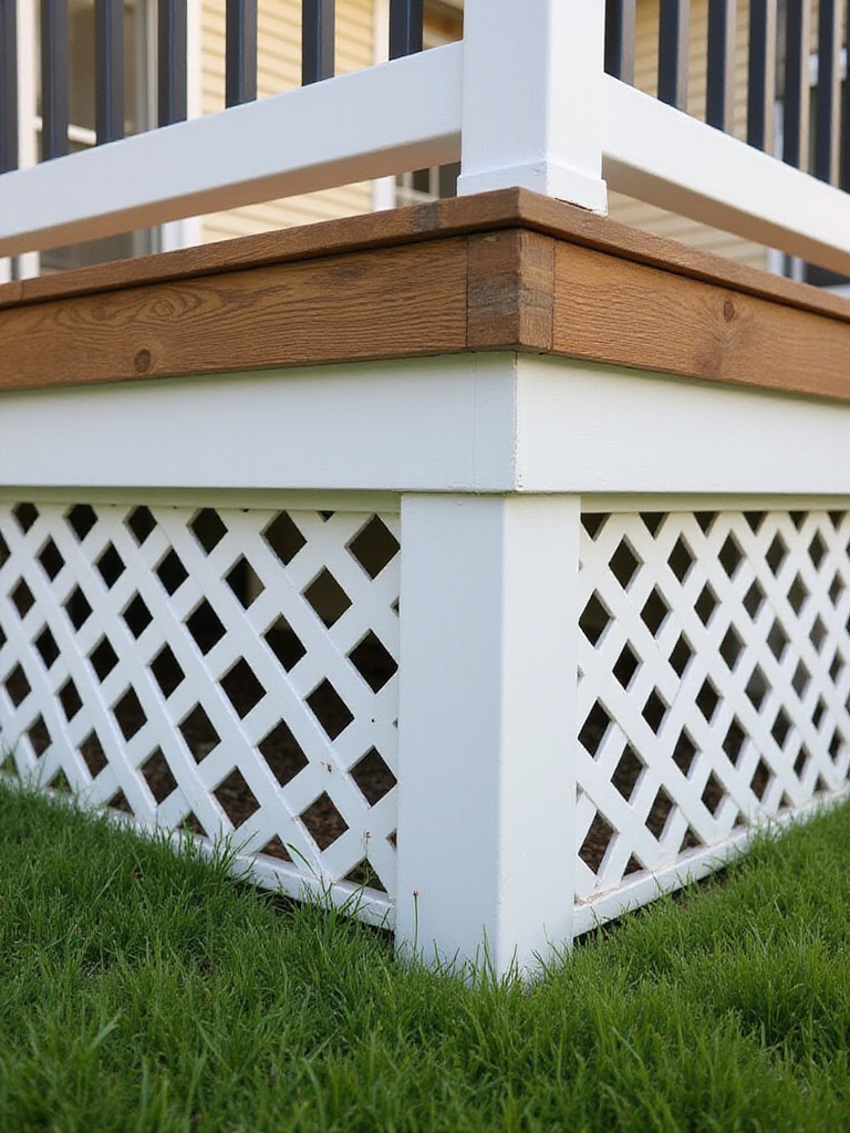 White lattice deck skirting installed on a residential wooden deck, concealing the underside and enhancing curb appeal. Budget-friendly DIY deck upgrade with clean lines.