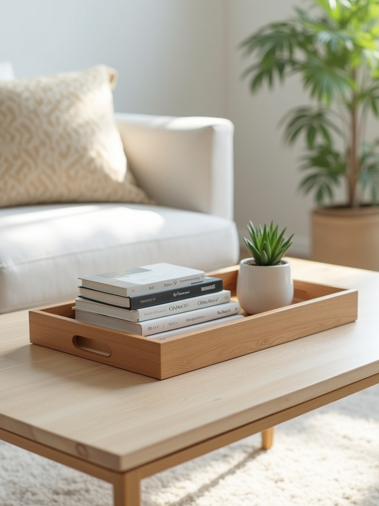 A well-organized wooden tray on a stylish coffee table, holding books, a remote, and a succulent, illustrating elegant clutter organization.