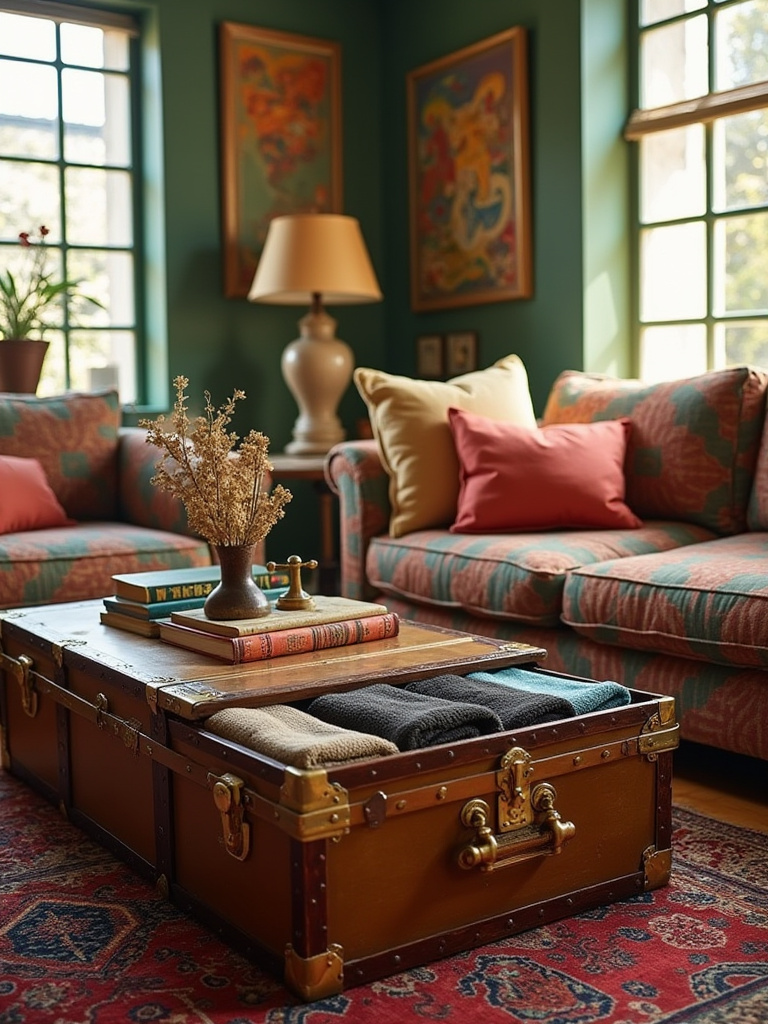 Eclectic living room featuring an antique steamer trunk used as a coffee table and hidden storage, surrounded by mixed decor elements and natural light.