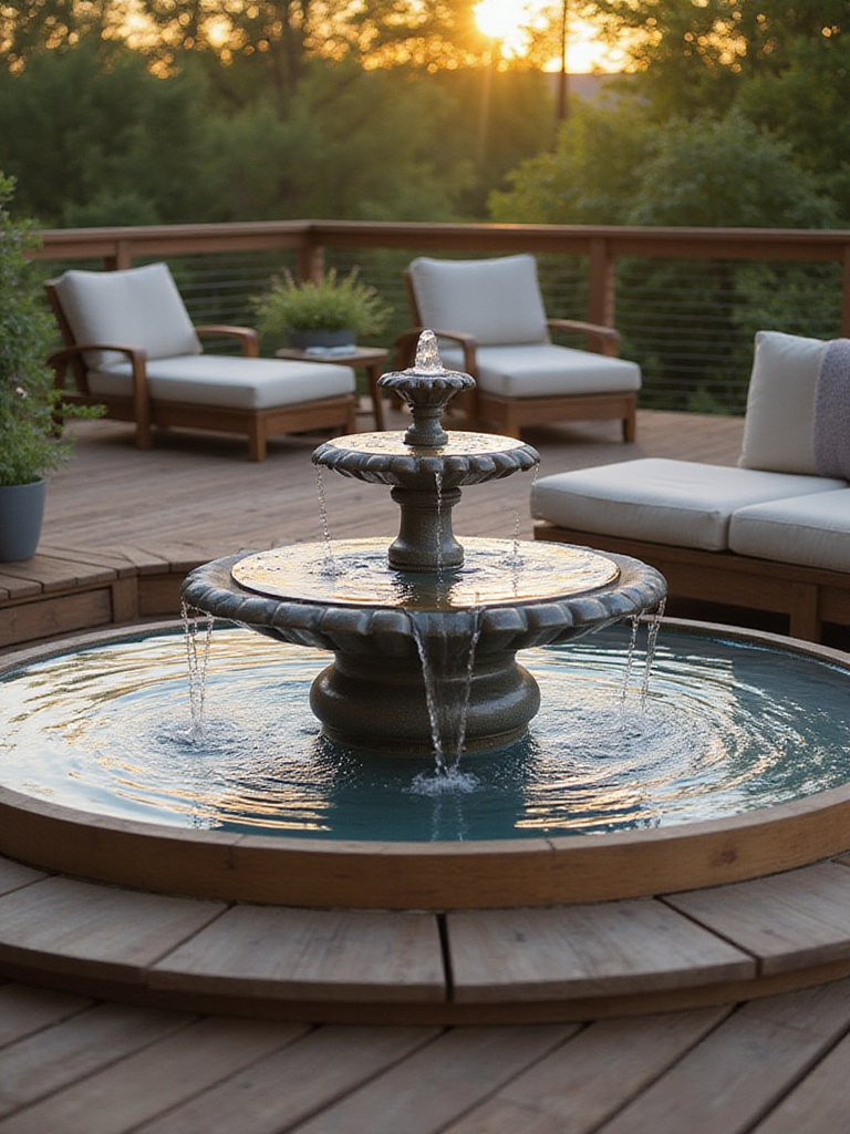 Close-up of a modern tiered water fountain with flowing water, nestled on a wooden deck next to outdoor lounge seating and potted plants, illuminated by soft golden hour light, creating a peaceful outdoor scene.