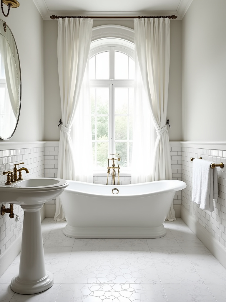 Traditional bathroom with white subway tile walls and honed marble hexagonal floor tiles, showing elegant and authentic wall and floor finishes.