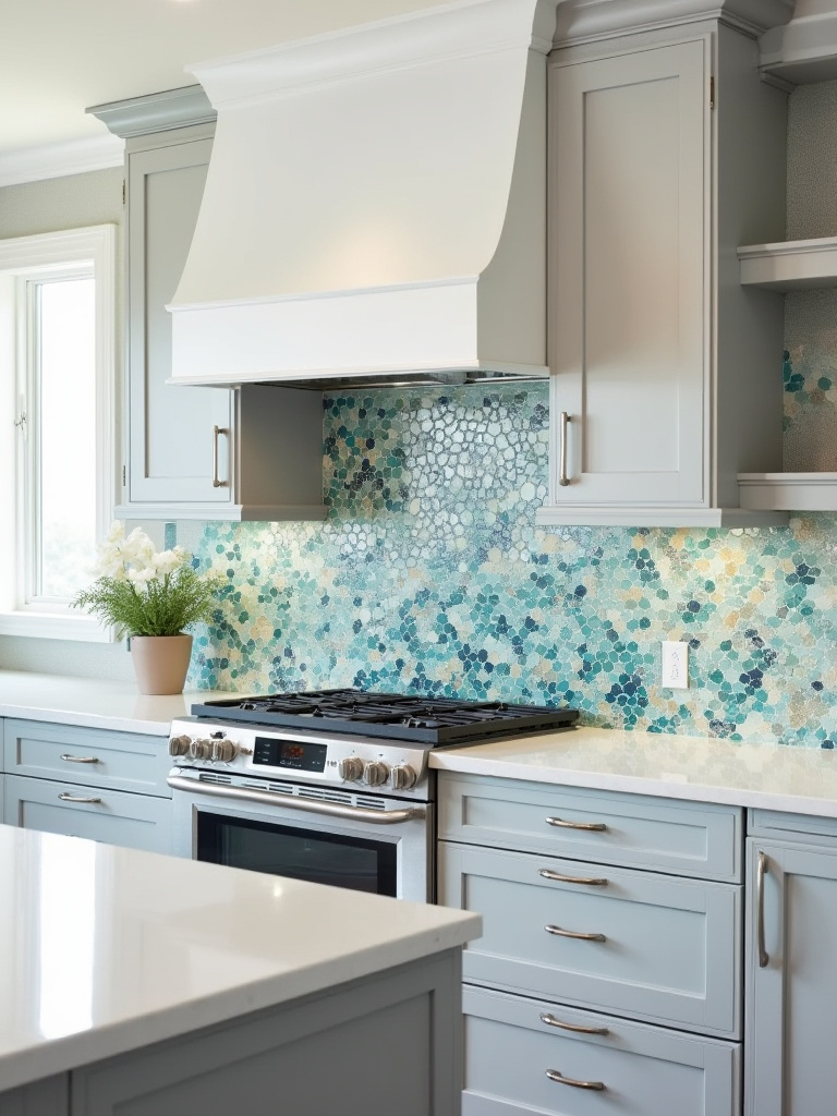 Glass mosaic backsplash in aqua and sapphire wave pattern in a bright coastal kitchen with grey cabinets.