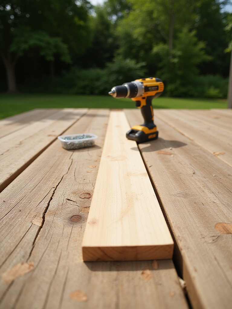 Close-up of a new wooden deck board being installed on a weathered deck, with a cordless drill and screws, symbolizing DIY deck repair and cost savings.