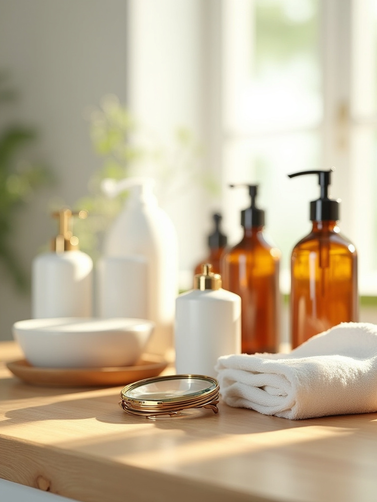 Organized bathroom counter with certified organic personal care products, a bamboo soap dish, and organic cotton towels, featuring prominent organic labels like USDA Organic, Ecocert, and GOTS under soft natural light.