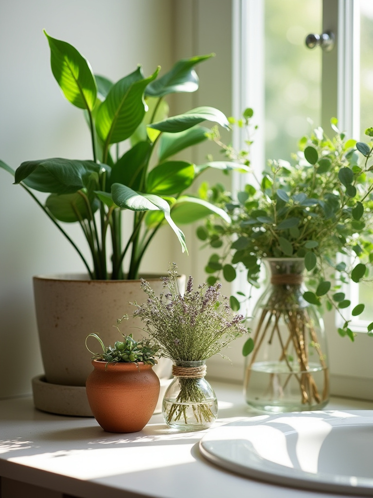 Organic bathroom counter with a thriving Peace Lily in a ceramic pot, trailing Pothos in a glass vessel, and dried eucalyptus and lavender in a terracotta vase under natural light.
