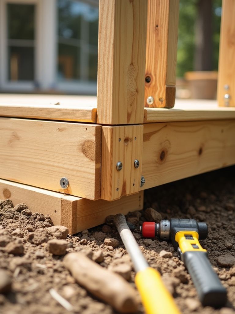 Detailed view of essential DIY deck building techniques, showing a wooden deck frame being constructed with tools on a bright day.