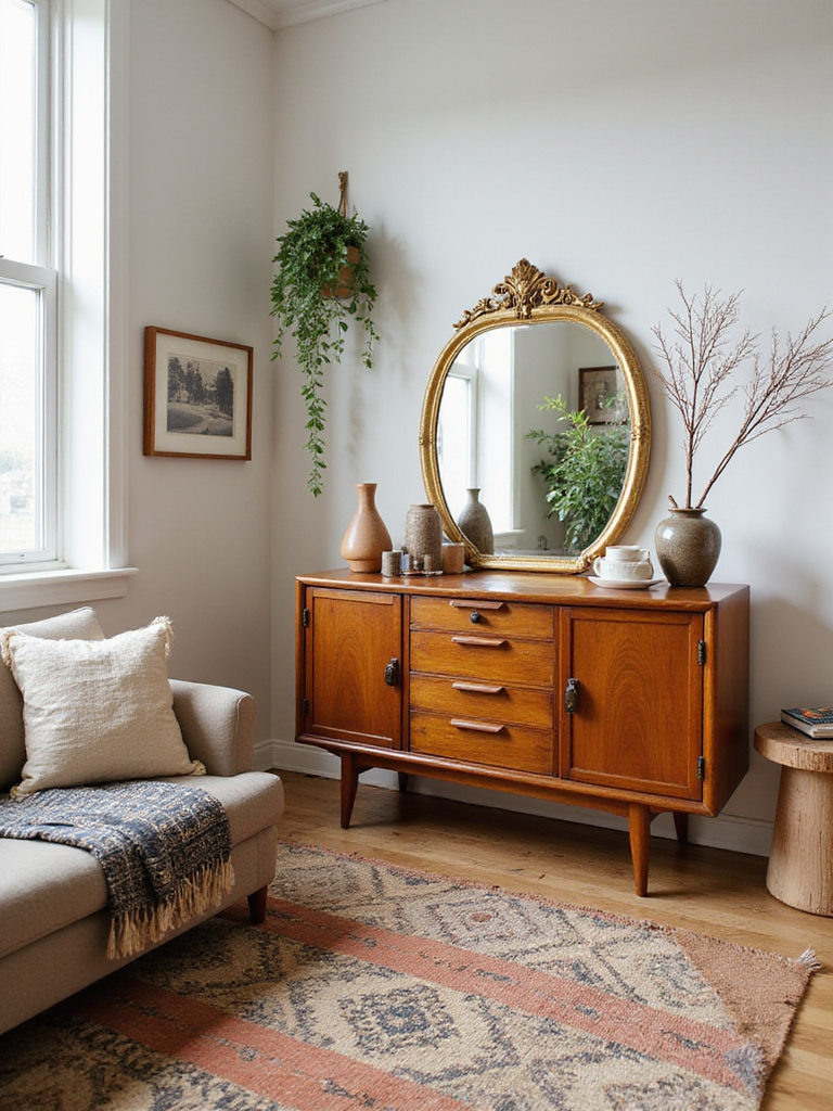Eclectic living room corner with vintage credenza, ornate mirror, and global decor, showcasing successful thrifting.