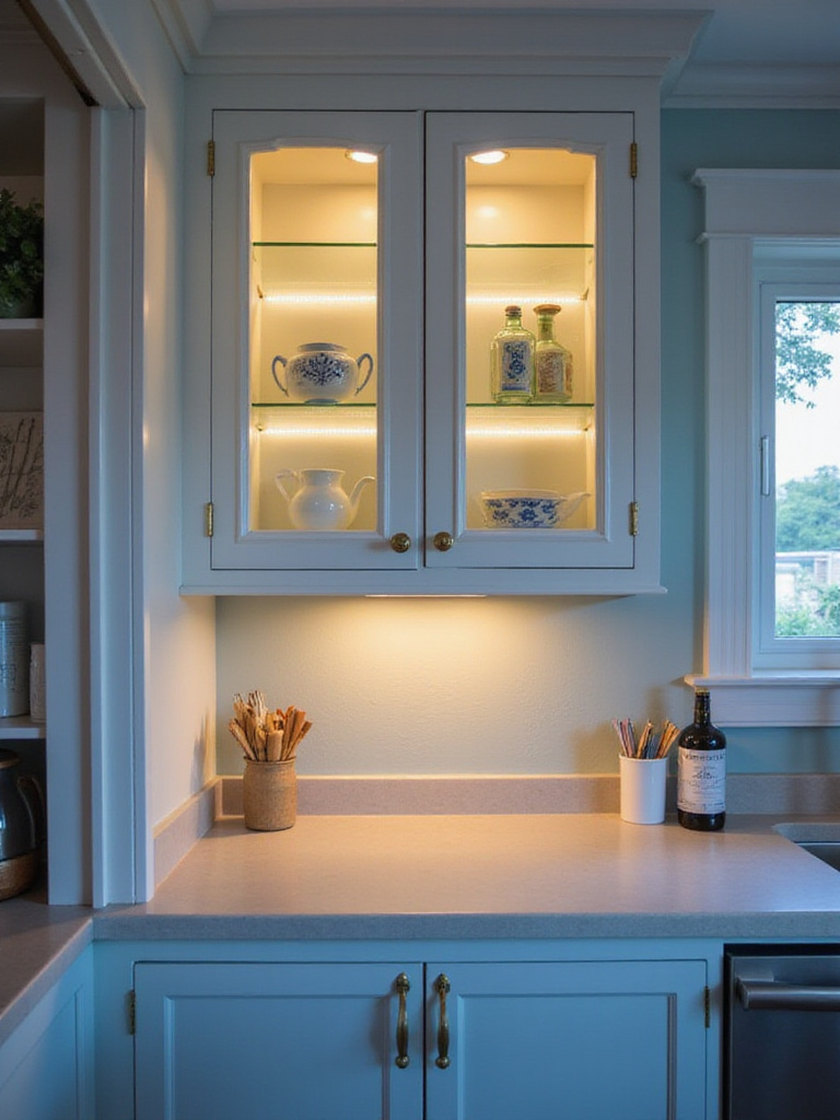 Warm LED under-cabinet and in-cabinet lighting illuminating a white and blue coastal kitchen, highlighting white countertops and glass-front cabinets.