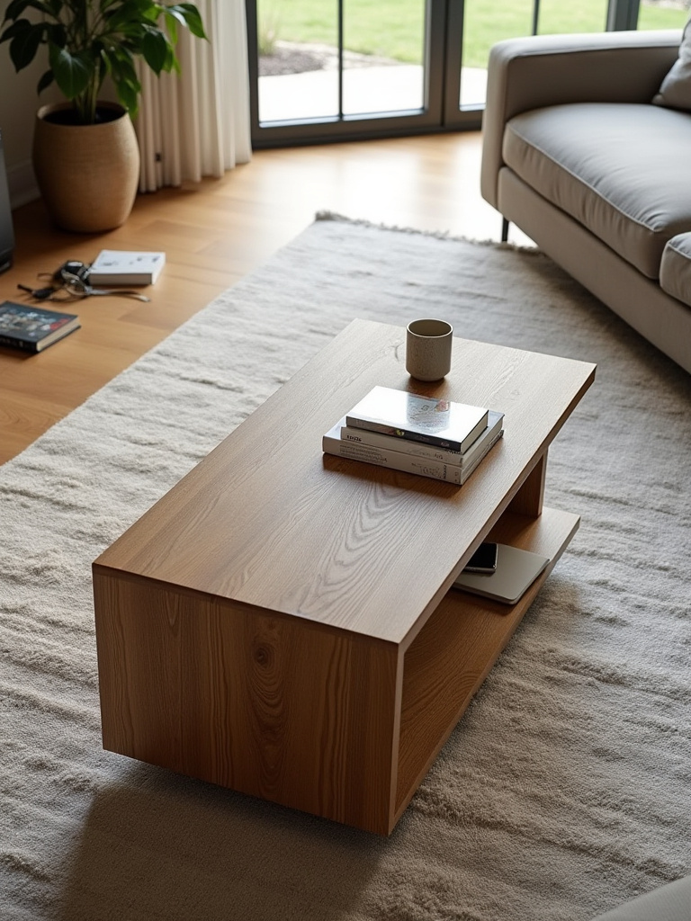 Solid oak and tempered glass coffee table designed for durability, showcasing robust construction in a modern living room setting, ideal for active households.