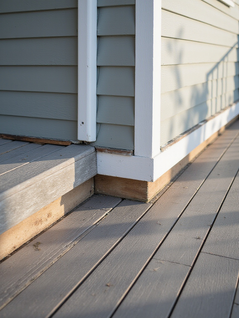 Deck ledger board securely attached to a modern house structure with visible flashing, illustrating how existing structures can provide frame and support savings for deck construction.