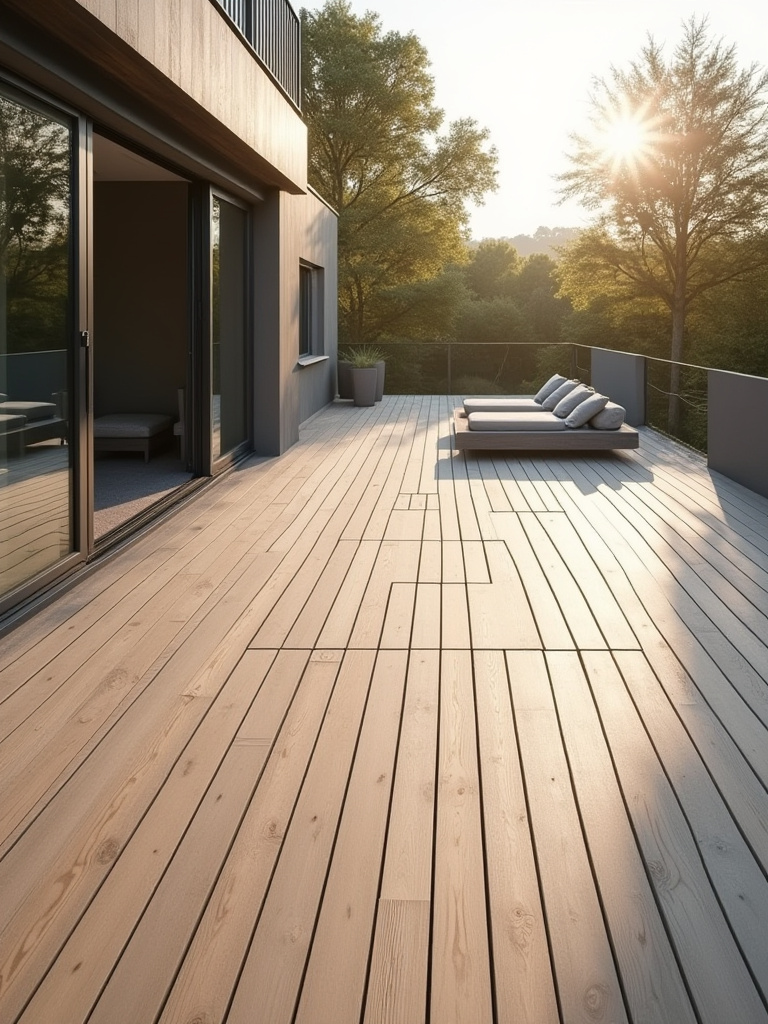 Clean modern deck floor with faint chalk outlines indicating future furniture zones, bathed in morning light.