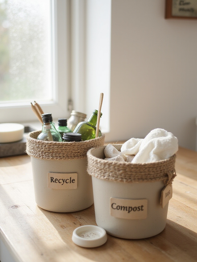 Organic bathroom counter with two minimalist, clearly labeled disposal bins for recycling and composting, bathed in natural light, showcasing sustainable waste management.