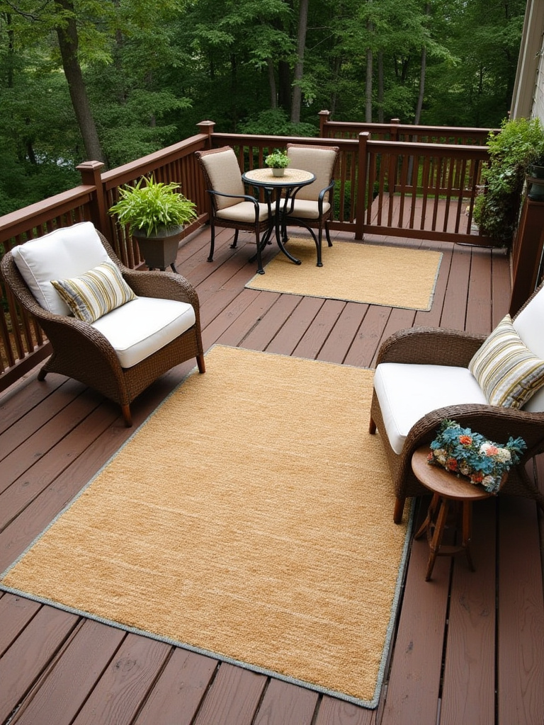 A stylish wooden deck featuring distinct lounge and dining zones defined by vibrant, affordable outdoor rugs and throw pillows.