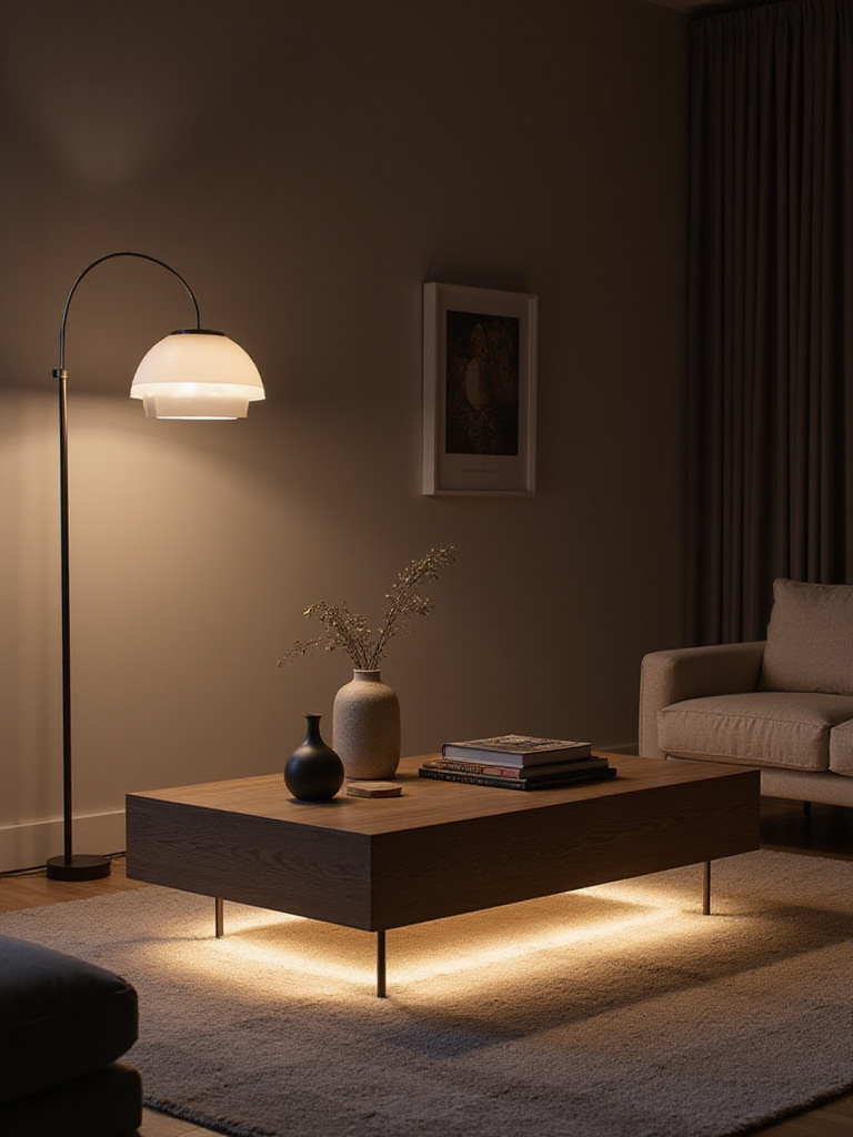 Living room with optimized coffee table lighting, featuring an arch floor lamp, LED strips, and ambient light, enhancing ambiance and visibility.