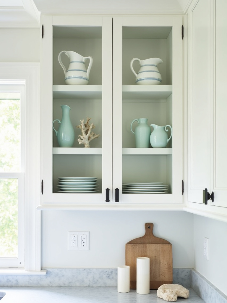 Coastal kitchen with white glass-front cabinets and open shelves displaying seafoam green stoneware, blue and white dishes, and driftwood sculptures.