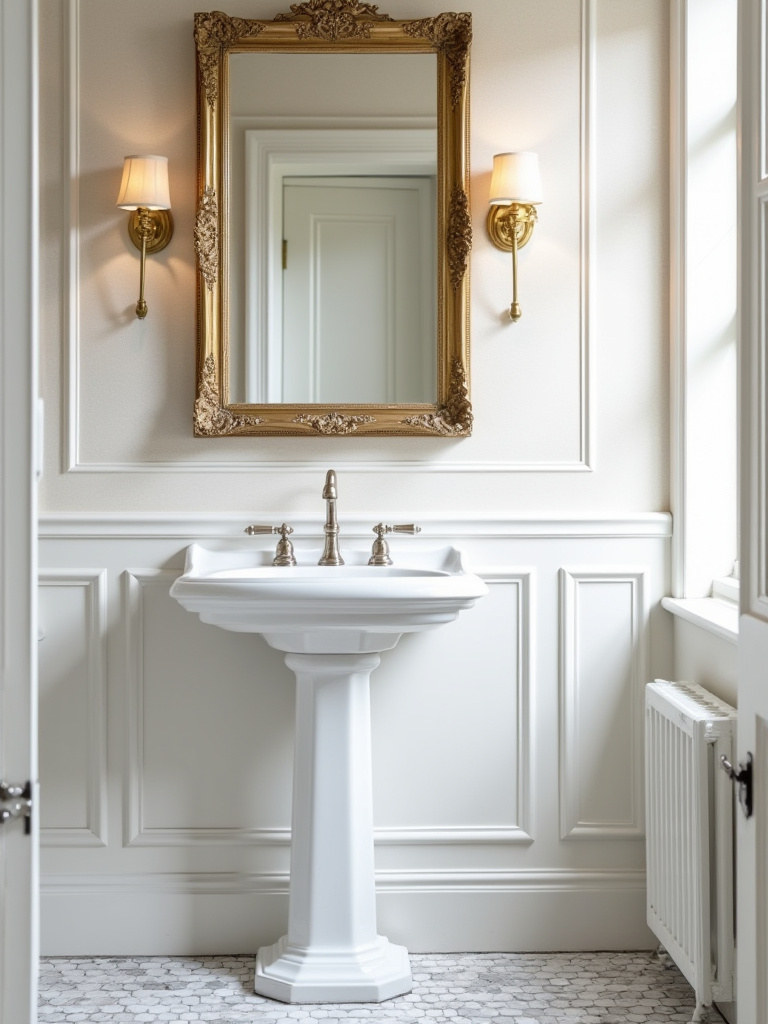 Traditional bathroom with a classic white pedestal sink, polished nickel faucet, ornate mirror, wainscoting, and hexagonal marble floor, conveying elegance and openness.