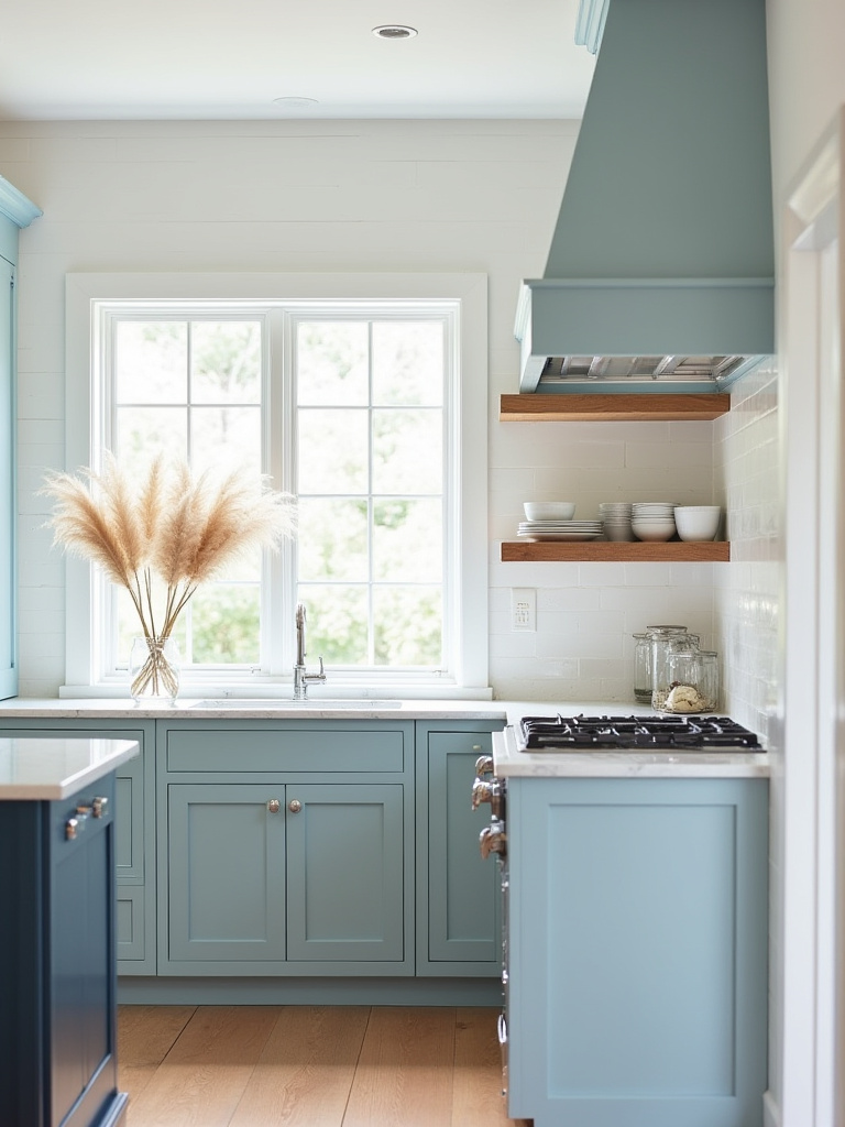 A beautifully designed coastal kitchen featuring light blue shaker cabinets paired with three different countertop materials: a sleek white quartz countertop, an elegant marble countertop with grey veins, and a warm butcher block island top. The scene is well-lit, showing diverse textures and finishes in a serene, modern coastal setting.